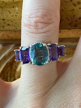 Genuine Teal Fluorite Amethyst Sterling Silver Ring Size 7